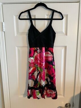 Bebe Black with Pink Floral Mini Silk Dress Size Small Cocktail Wedding Dress